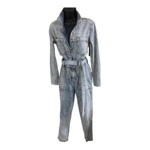 DKNY acid wash jeans vintage look belted long sleeve denim jumpsuit size XS‎ new